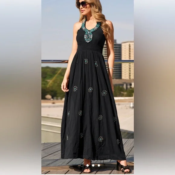 Boston Proper | Dresses | Boston Proper Turquoise Embellished Halter Maxi  Dress Sz L | Poshmark